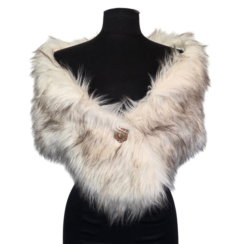 Wedding Shoulder Stole Shawl Wrap Faux Fur Beige Black Glam Formal Event L/XL